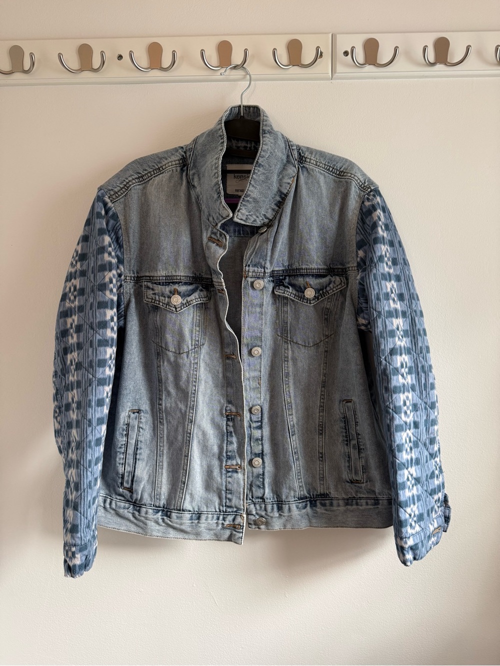 Kensie Light Blue Denim Jacket with Patterned Blue Sleeves